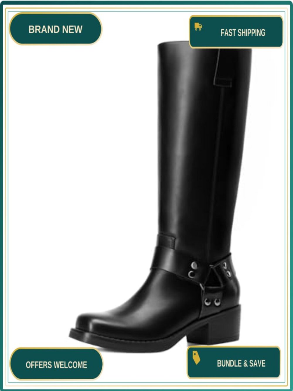 Women's Faux Leather Motorcycle Knee High Boots Square Toe Block Heel